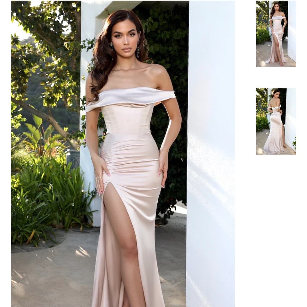 Champagne Off-Shoulder High Slit Satin Gown